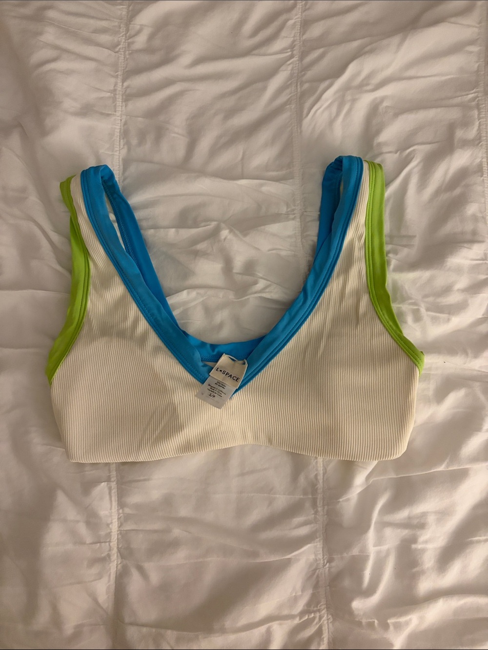 Kids White Ribbed Swim Top with Blue & Lime Trim
